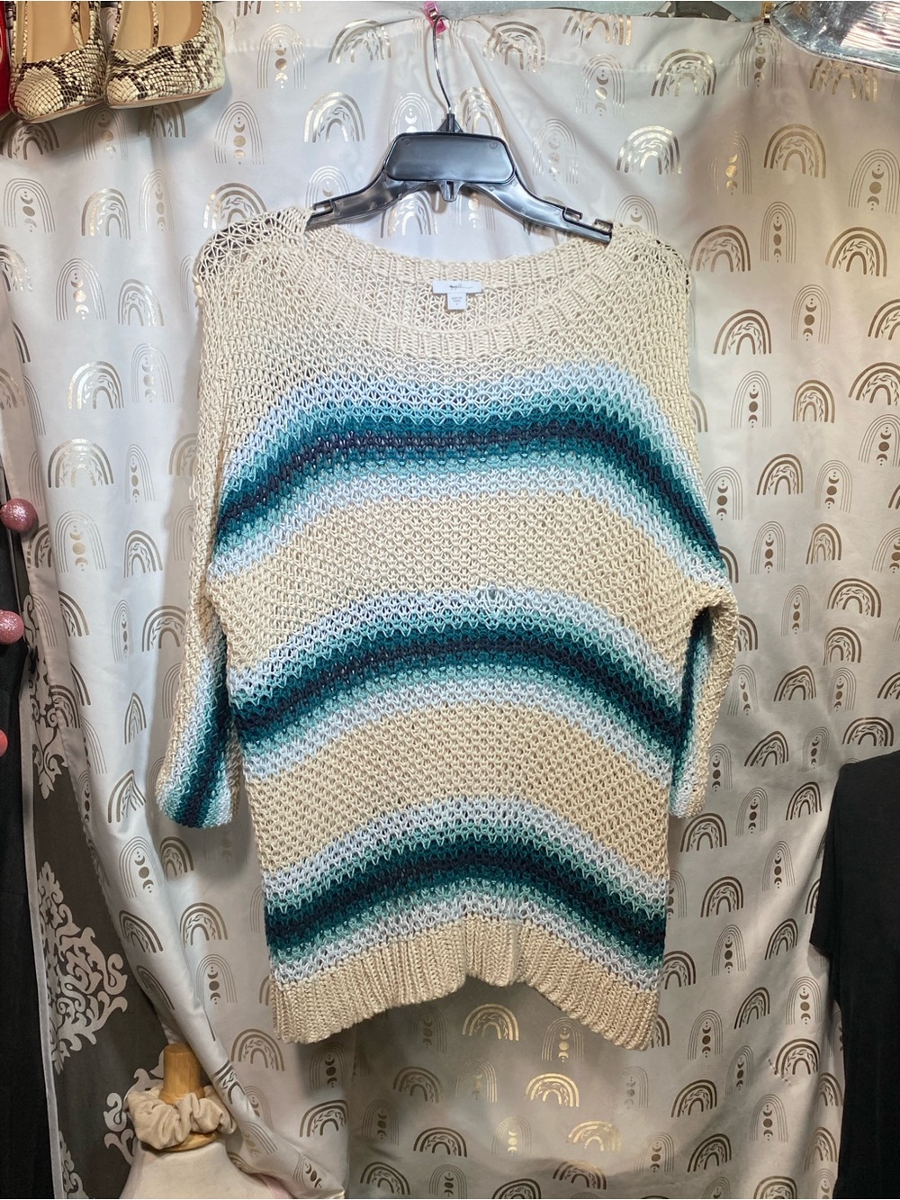 Cozy Cream Crewneck Sweater with Teal Stripe Accents